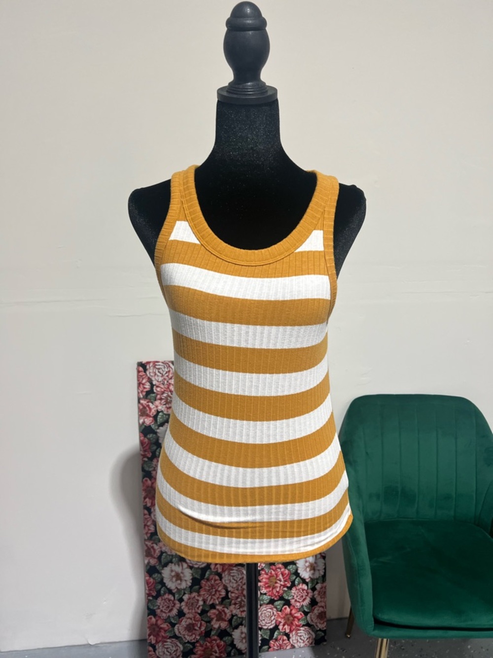 American Eagle Outfitters Mustard & White Striped Ribbed Tank